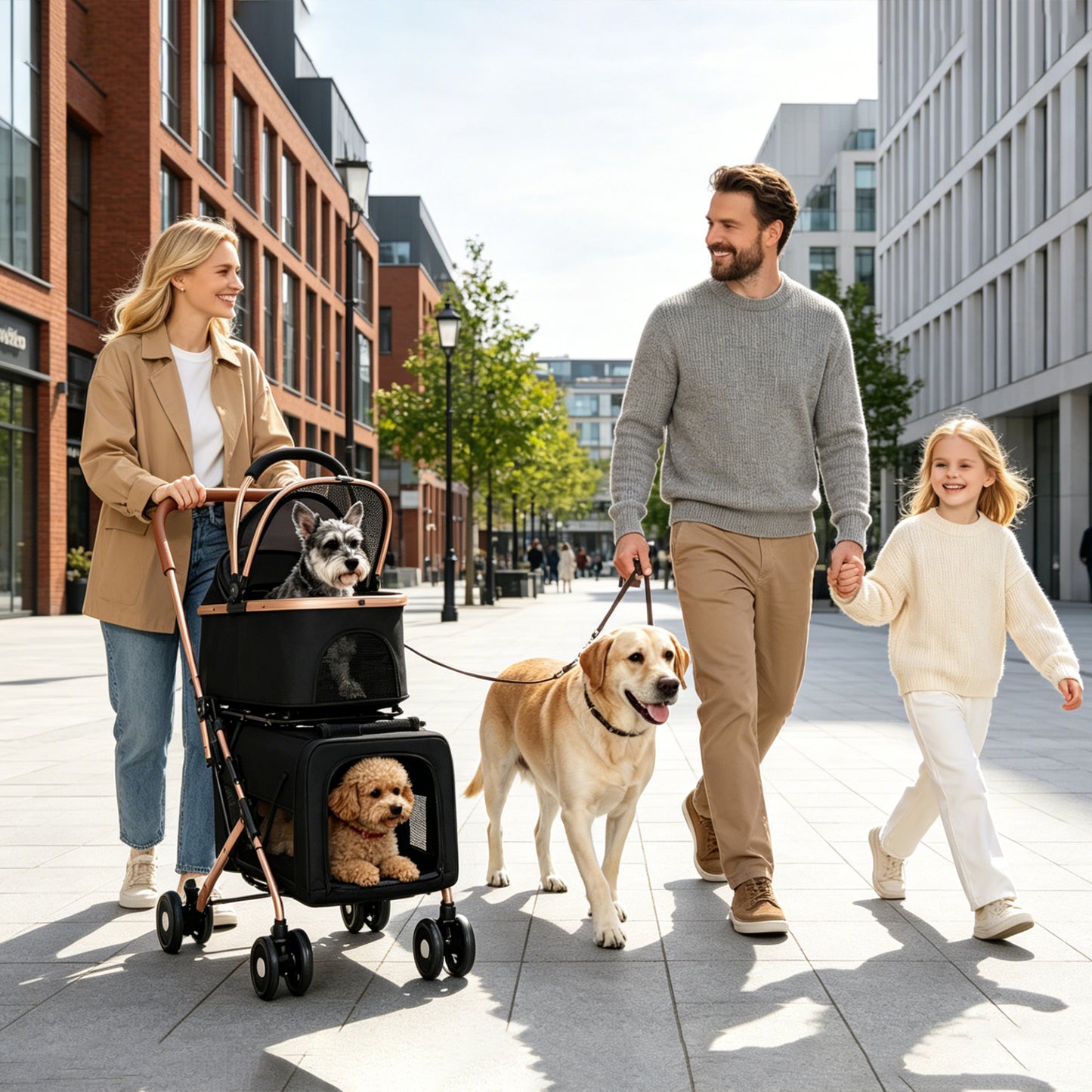 Pet Stroller with Guardrails for Small and Medium Pets - Foldable, 3-in-1 Design, Shockproof Wheels, Safety Leashes, Black
