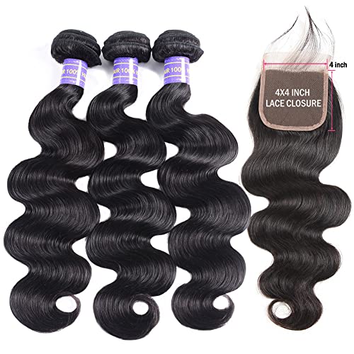 Aopusi Bundles with Closure Body Wave Bundles with Closure Weaves 4¡¿4 Free Part Lace Closure with 3 Bundles 100% Brazilian Virgin Remy Human Hair 150% Density Natural Color (14 16 18+12 Inch)