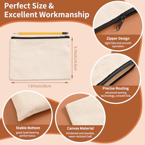 50Pcs Canvas Makeup Bags Bulk, 7.87 x 5.7 Inch Cotton Sublimation Blank DIY Heat Transfer Cosmetic Bag w/Colorful Zipper for Bridesmaid Makeup Bag Travel Toiletry Pouch Storage, Ivory, Halloween Craft