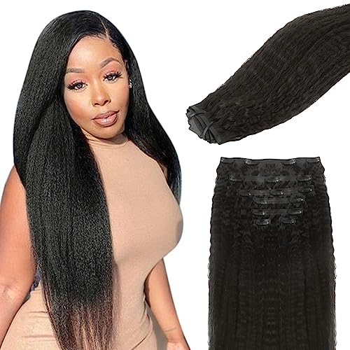Lashey Hair Extensions Seamless Clip in Real Human Hair Natural Black 18 Inch 110g 7Pcs Kinky Staight Human Hair Extensions Skin Weft Remy Hair for Black Women