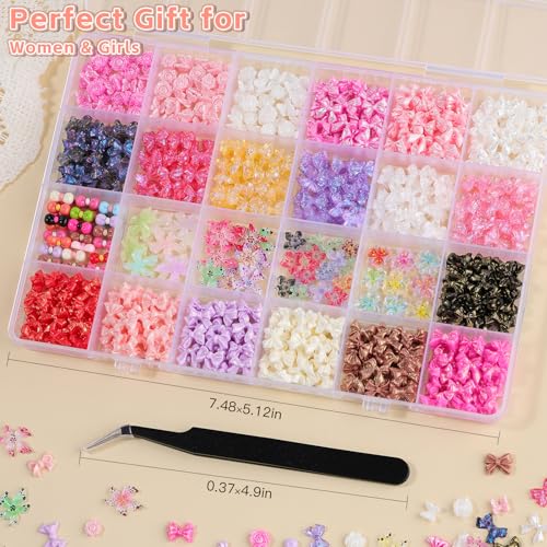600 Pcs Bow Nail Charms Kit, 3D Mix Color Bowknot Nail Art Charms Soft Hibiscus Flower Nail Charms Flatback Pink White Butterfly Accessories for Nails Design with Tweezers for Women DIY Crafts