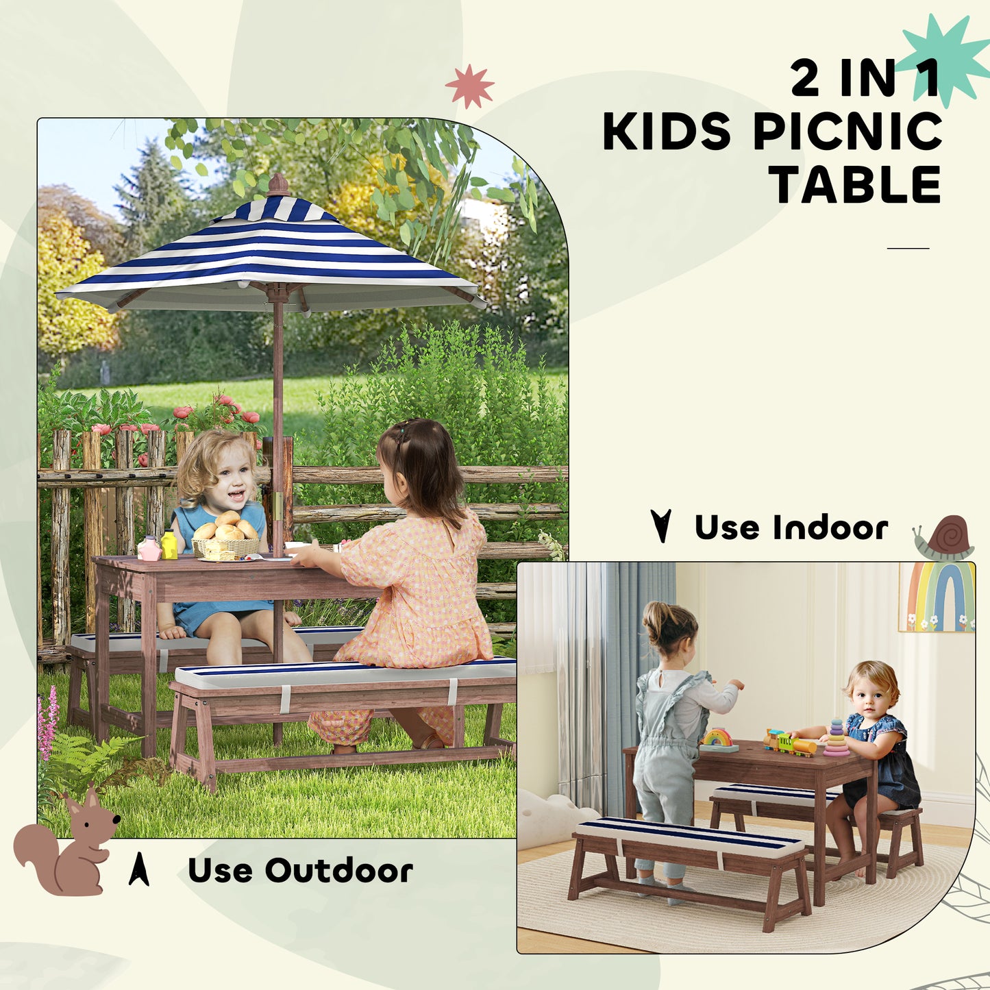 Kids Outdoor Picnic Table & Bench Set with Umbrella - Navy Blue