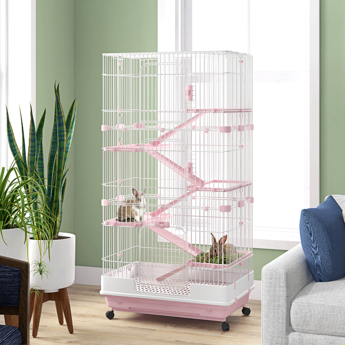 Small Animal Cage 32 Inch 6-Level Bunny Hutch with Lockable Wheels & Slide-Out Tray - Pink