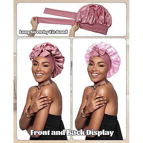 Satin Bonnet for Sleeping Cap Double Layer Hair Bonnet with Elastic Tie Band for Curly Hair Night Cap (Bean Paste + Pink)