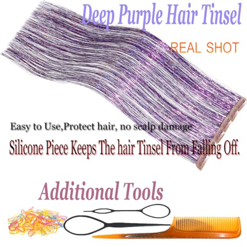 Hair Tinsel Clip in Purple Fairy Hair for Girls for Party Cosplay Christmas New Year Gift (24 Inch Pack of 12Pcs, Deep Purple)