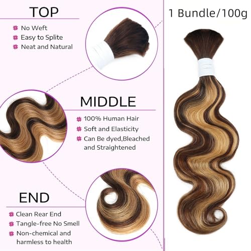 Human Braiding Hair for Boho Braids 1 Bundle 100g P4/27 Highlight Ombre Body Wave Bulk Human Hair Wave Honey Blonde Human Hair Extensions No Weft (24 Inch)