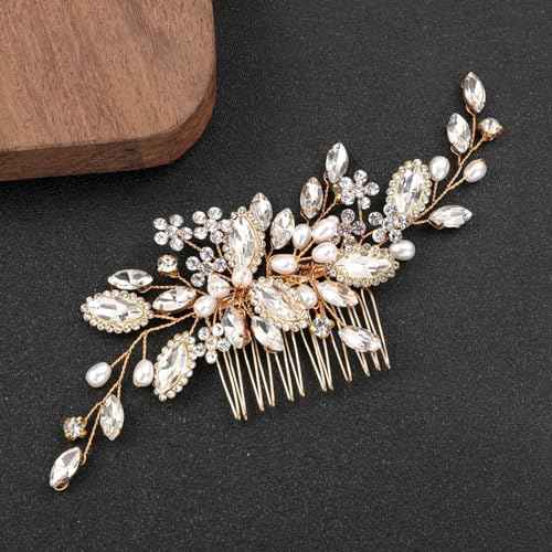 Women Girls Wedding Party Flower Pearl Hair Comb, Floral Crystal Bridal Hair Piece Side Combs Wedding Hair Pin Hair Accessories (Gold)