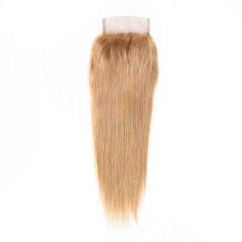 ijoy Honey Blonde 3 Human Hair Bundles with Lace Closure 4x4 Free Part 10 12 14+C10 Inch Human Hair Long Straight Bundle 10A Brazilian Virgin Hair Extension