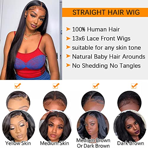 CHEETAHBEAUTY 13x6 Lace Front Wigs Human Hair 16Inch HD Transparent Lace Frontal Wigs 220% Density Brazilian Virgin Straight Human Hair Wigs for Women Pre Plucked with Baby Hair Natural Color