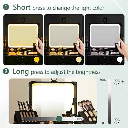 Makeup Case with Lighted Mirror, Makeup Box Organizer with Detachable LED Mirror, Travel Makeup Train Case, Waterproof Cosmetic Organizer, Standing Makeup Brush Holder, Gift, Black Green