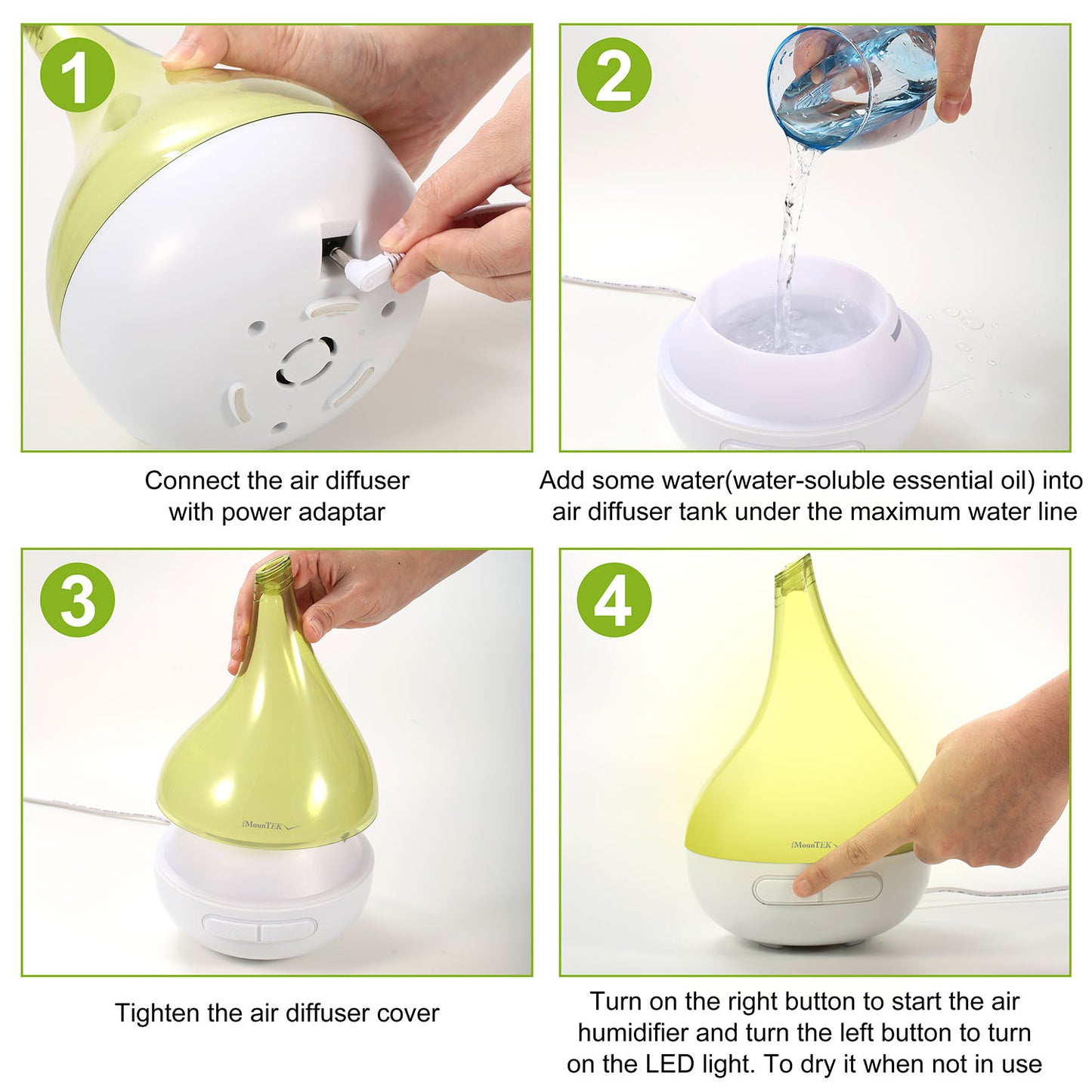 Aroma Diffuser & Humidifier - Ultrasonic Essential Oil Diffuser with LED Light - Green