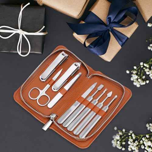 Professional Manicure Set for Fathers - Heavy Duty Stainless Steel 9 Piece Men Pedicure Tools Kit with Brown Leather Case,Gift for Grandpa Dad Husband