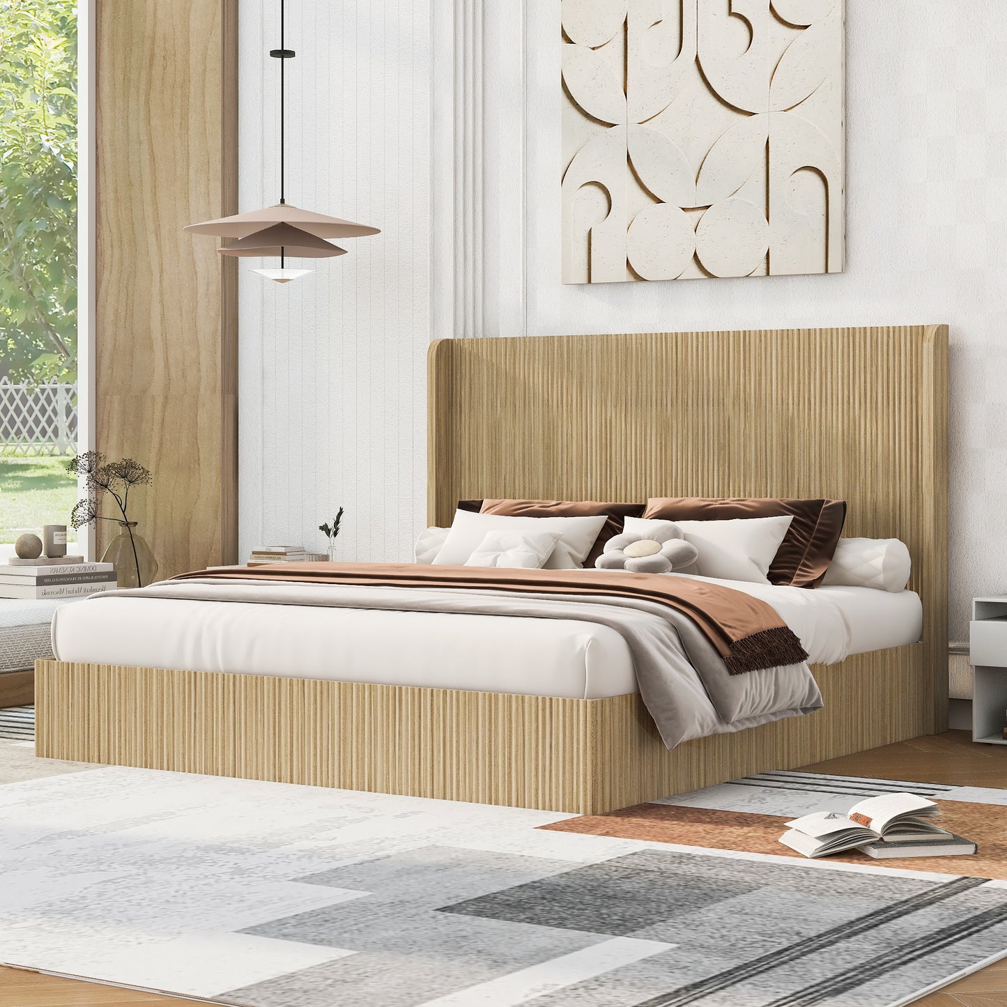 King Size Mid-Century Fluted Wood Bed Frame with Wingback Headboard