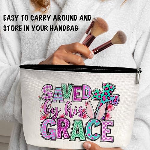 ONDTOM Happy Easter Gifts for Women Friends, Easter Bunny Makeup Bag, Saved By His Grace Teacher Appreciation Gifts -B14