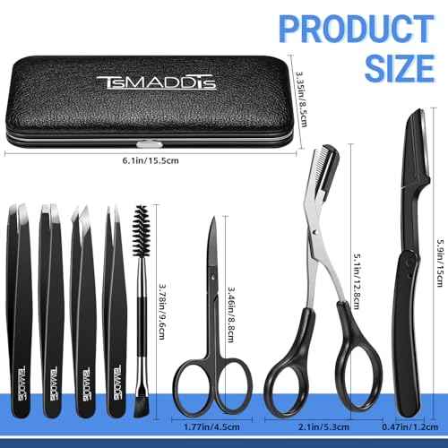 TsMADDTs Eyebrow Kit, 8 in 1 Eyebrow Trimmer Scissors, Tweezers for Women, Razor, Brush with Travel Bag, Tweezers Set for Women and Men, Professional Shaping Grooming Kit