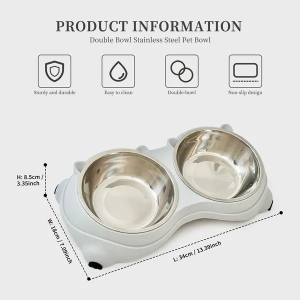 Dual Stainless Steel Pet Bowls 600ml Each Non-Slip Dishwasher Safe for Small to Medium Pets