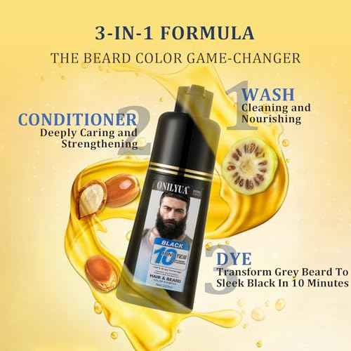 Men¡¯s Beard Dye Black in 10 Mins, Instant Beard Color for Men Gray Mustache & Beard Coverage, 3 in 1 Long Lasting Beard Dye Shampoo, Gifts for Men Dad, Quick & Easy to Use
