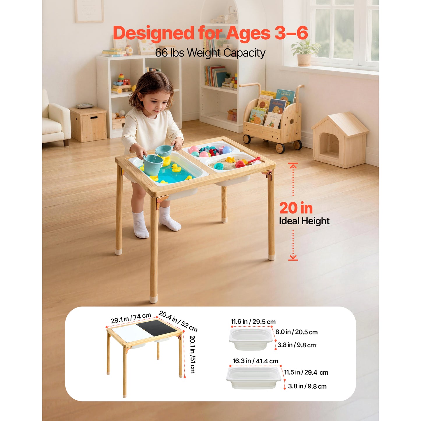 Foldable Wooden Toddler Sensory Table with Double-Sided Board & Storage Bins