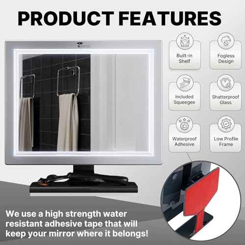 ToiletTree Products Deluxe LED Fogless Shower Mirror with Squeegee Anti-Fog Mirror - Adjustable Shaving Mirror with a Squeegee - Rust-Proof, Impact-Resistance Bathroom Shower Mirror