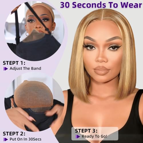 Highlight Bob Wig Human Hair 5x5 HD Lace Closure Wear and Go Pre Everything Glueless Wig Human Hair 200 Density Real Hair Wigs for Black Women Virgin Hair Straight Wigs 18 Inch Highlight 4/27#