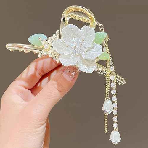1 Pack Flower Hair Claw Clips for Women, Camellia Flower Leaf Hair Clips with Small Pearl Butterfly Tassel Design Metal Gold Strong Hold Hair Jaw Clips Grip Clip for Thick or Thin Hair Accessories