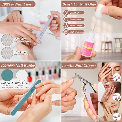 600PCS Clear Coffin Nail Tips and 240PCS Short Press On Nails Set, Clear Acrylic Nail Tips with Glue, Nail Art Brushes and Nail Display Stand, Nail Tips for Salons and Home DIY Nail Art