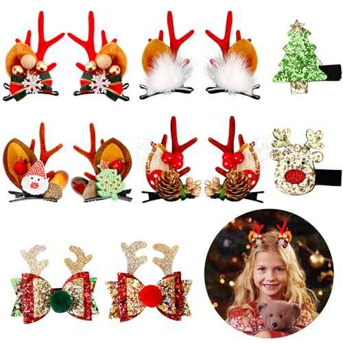 JUNEBRUSHS Christmas Hair Clips, 12 Pcs Christmas Hair Accessories Cute Reindeer Antlers Headband Ears Headdress Hairpins Antlers Christmas Tree Hat Hair Barrettes for Women Girls Gifts Party Favors