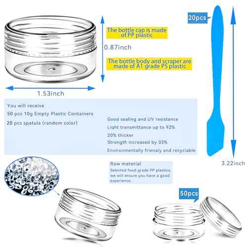 MotBach 50PCS 10g Empty Sample Containers with Clear Lids,Refillable Makeup Sample Containers, Small Sample Pot Jars Travel Makeup Containers with Mini Spatulas for Liquid Powder Creams Lotions