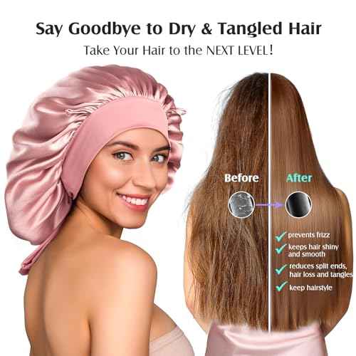 YFONG 100% 22 Momme Mulberry Silk Bonnet for Sleeping Women, Larger Double Layer Silk Hair Wrap for Curly Short Long Hair, Non-Slip Sleep Cap Turban with Elastic Tie Band for Hair Care, Pink