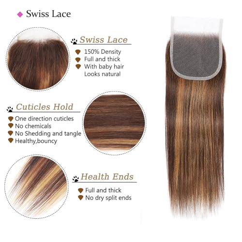 Highlight Ombre Human Hair Bundles with Closure 10A Highlight Brown Blonde 3 Bundle with 4X4 Closure Free Part (12 14 16+12Inch) Soft Straight Honey Brown Bundles Human Hair