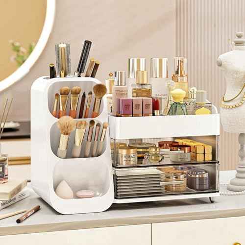 Makeup Organizer with Drawers for Vanity,Spacious Cosmetic Display Case,Perfect Storage Solution for Your Beauty Essential (White)