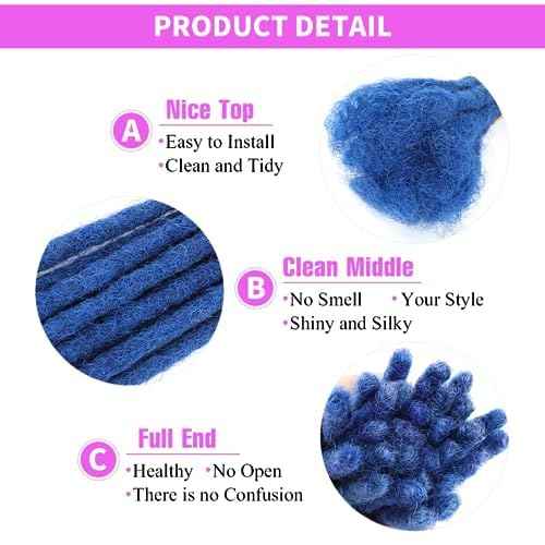 6-18 Inch Dreadlock Extensions Human Hair Fully Handmade Human Hair Dreadlock Extensions for Man/Women Locs Extensions Human Hair Can Be Dyed Bleached Curled… (0.6CM Width-blue, 12Inch-30Strands)