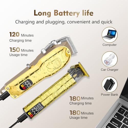 Men¡¯s Gold Hair Clippers, Cordless Professional Barber Clippers & Trimmers with LED Display, Long Runtime, Electric Grooming Kit for Haircuts & Beard Trimming,Gift for Husband, Father, Boyfriend