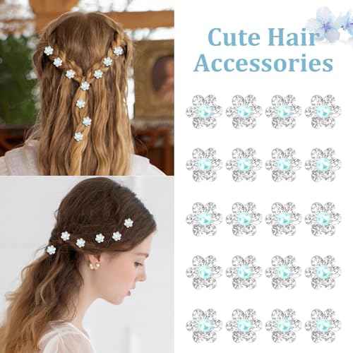 YISSION 20Pcs Mini Rhinestone Flower Hair Clips Cute Blue Pearl Hair Pins Small Decorative Hair Clips Wedding Hair Barrettes Bridal Hair Accessories for Girls Women