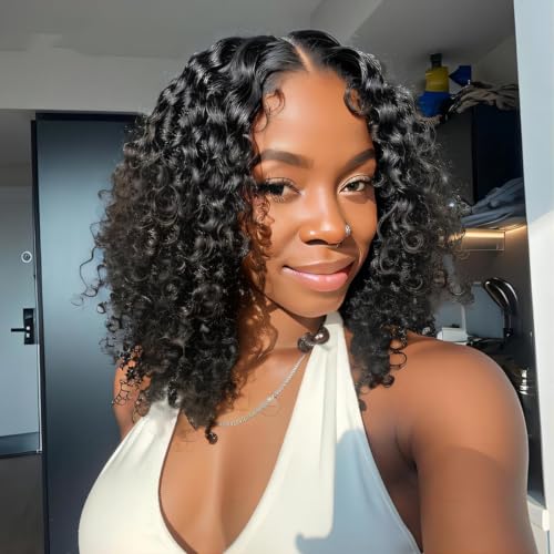ISEE Wear and Go Glueless Wigs Human Hair Pre Plucked Deep Wave Bob Wig Human Hair Lace Front Wigs for Women Upgraded No Glue Pre Cut 6x4 Lace Closure Glueless Wigs for Black Women Human Hair 14 Inch