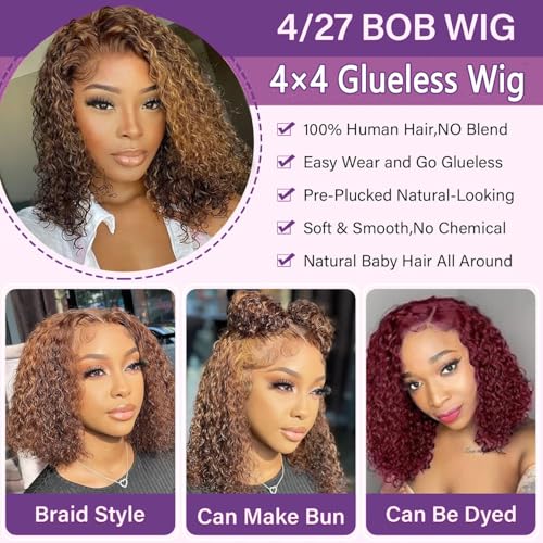 Glueless Wigs Human Hair Pre Plucked Pre Cut 4/27 Highlight Ombre Honey Blonde Curly Wigs Human Hair for Beginners 4x4 Deep Wave Lace Closure Glueless Wigs for Black Women 16 Inch