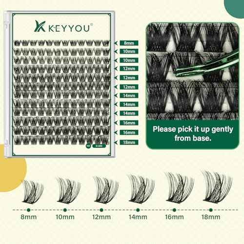 KEYYOU Lash Clusters Kit 144pcs Thick Volume D Curl Lash Clusters Lash Extension Kit with Mascara Brush Bond and Seal Lash Glue Remover Lash Applicators Lash Brush for DIY Lash Extensions (Y02 Kit)