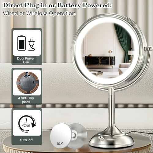 VESAUR 11.8" Extra Large 17" Tall Lighted Makeup Mirror, 1X/5X/10X 3-Sided Magnifying Mirror with 96 LEDs, 3 Color Dimmable Lights, 360¡Æ Swivel Dual Power Vanity Mirror, Nickel Finish - Great Gift