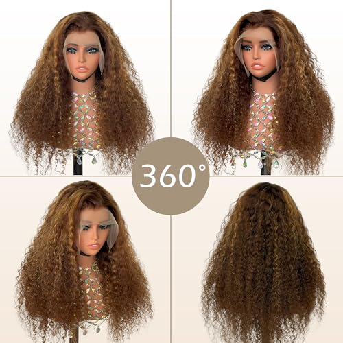 Honey Blonde Ombre Lace Front Wig Human Hair 13x5 Highlight Deep Wave Curly Wig 4/27 Colored HD Transparent Lace Front Wigs Human Hair Pre Plucked with Baby Hairs 180% Density 22 Inch