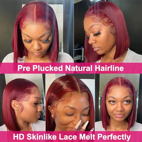 Flady 99j Burgundy Bob Wig Human Hair 13x4 Bob Lace Front Wigs Human Hair Pre Plucked 150% Densiy HD Transparent Lace Frontal Wigs Human Hair for Women Glueless Short Bob Wigs 10 inch
