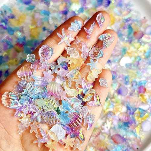 100 Pcs Marine Life Nail Charms, 3D Resin Charms Mermaid Jellyfish Seashell Starfish Nail Rhinestones Glow in The Dark Designs for Women Nail Supplies Summer Beach DIY Crafts Manicure Decoration