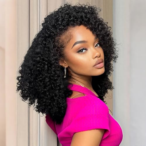 SKYDO Kinky Curly Half Wig Human Hair 250 Density Headband Wig Human Hair 3 in 1 Glueless Wear and Go Drawstring Seamless Flip Over Beginner Friendly Curly Wigs for Women 20inch