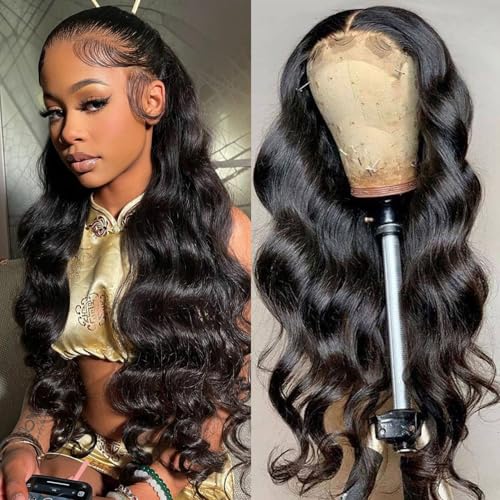 28 Inch Long Body Wave Human Hair Lace Front Wigs Pre Plucked Natural Black Color 13x4 HD Lace Ear to Ear Frontal Wig for Black Women Easy to Style (28 inch)