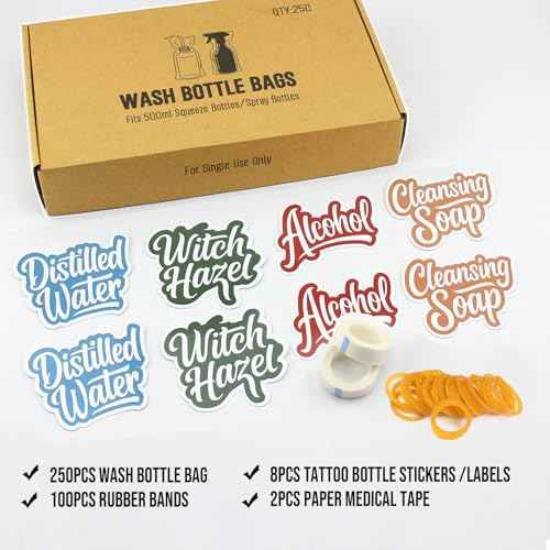 Wash Bottle Bags?250PCS Tattoo Bottle Covers for 17oz/500ml Squeeze & Spray Bottles, with 8 Bottle Stickers, 2 Paper Tapes, 100 Rubber Bands?Professional Tattoo Supplies Accessories Kit (Clear Kit)
