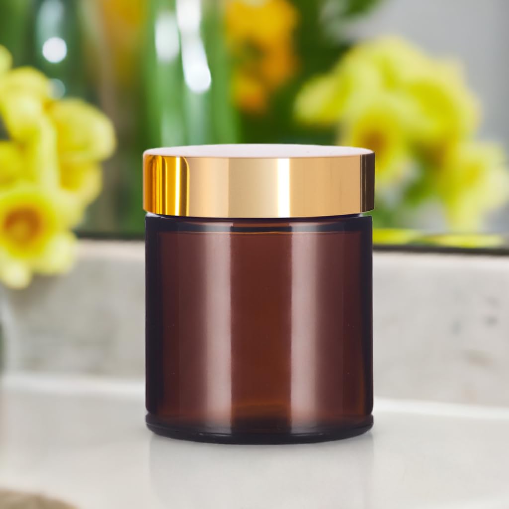 (24 pack) 4 oz Amber PET Plastic Jar with Gold Metal Overshell Lid