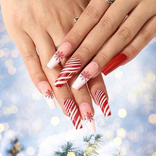 Red Long Press on Nails Glossy Xmas Fake Nails Black Coffin Snowflake Stripe Full Cover Acrylic Nail Christmas False Nails for Women and Girls 24PCS (Type A)