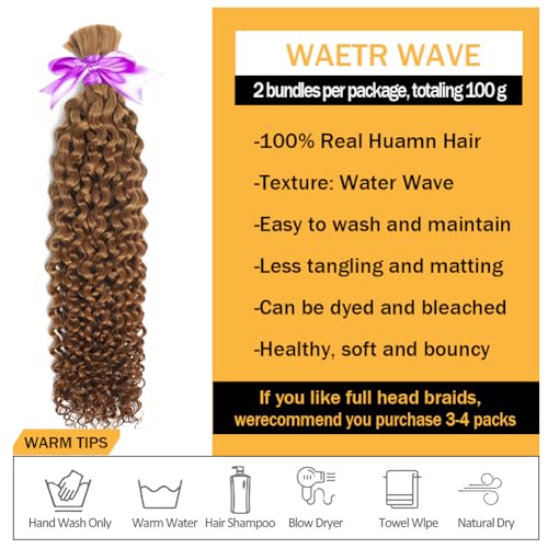 Miss Lee Human Braiding Hair for Boho Knotless Braids Bulk Curly Bundles Human Hair for Micro Braiding Wet and Wavy Water Wave No Weft Human Hair Extension for Box Boho Braids 100g with 2 Bundles 27#