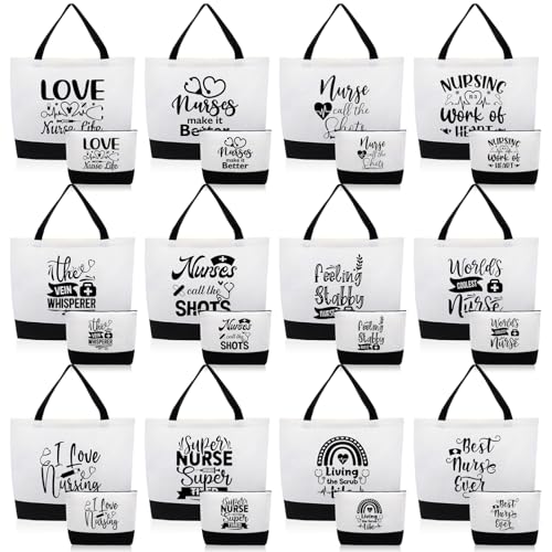 Paterr 24 Pcs Christmas Nurse Appreciation Gifts Bulk, Thank You Cna Canvas Tote Bags Makeup Cosmetic Bag with Handles