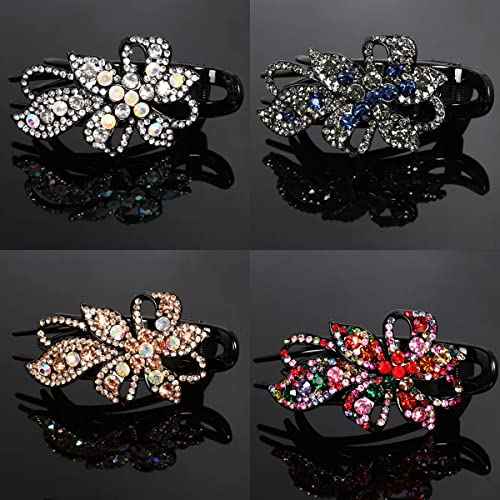 Yusier 4pcs Sparkling Rhinestone Duckbill Clips Decorative Hair Clips for Fine Hair Bling Crystal Prom Barrettes Diamond Hair Clips with Flower Hair Accessory (Floral)