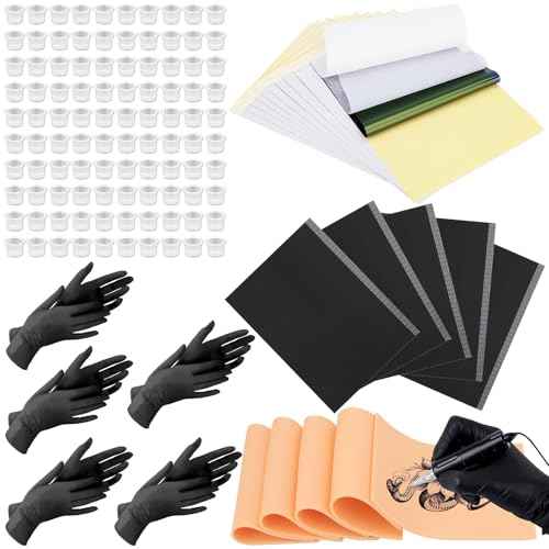 125Pcs 3MM Tattoo Skin Practice Kit, Includes 5Pcs 6"x8" Blank Practice Tattoo Skin, 10Pcs Tattoo Stencil Paper, 100Pcs Ink Cups, 5Pcs Tattoo Bib Sheet and 5 Pairs Gloves, Starter Tattoo Supplies Tool